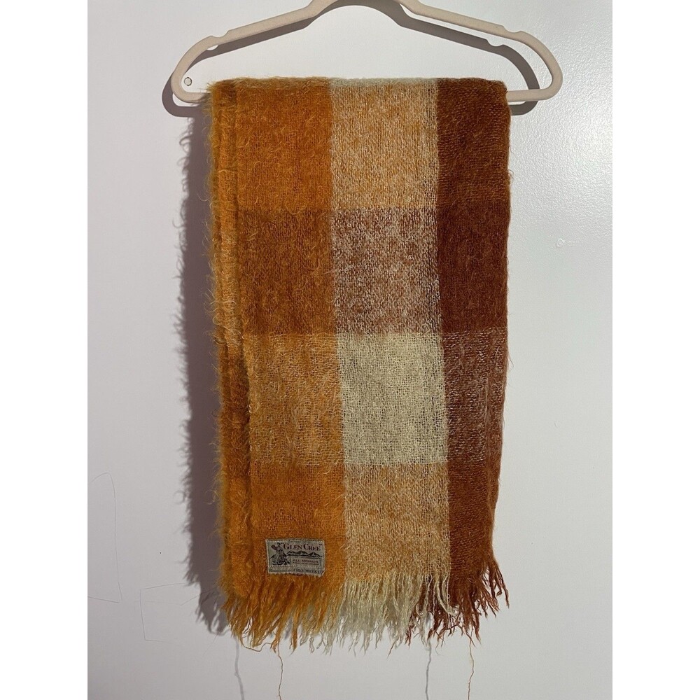Glen Cree 100% Mohair Lap Throw Blanket Scotland Orange Yellow Plaid  78x53 READ